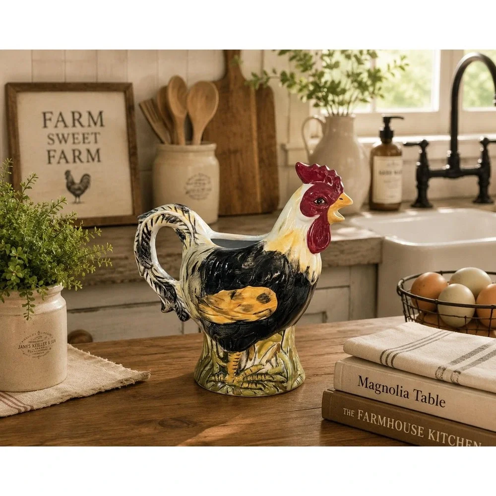 Calderone Hand Painted Collection Rooster Pitcher‎ Creamer Jug Farmhouse Kitchen